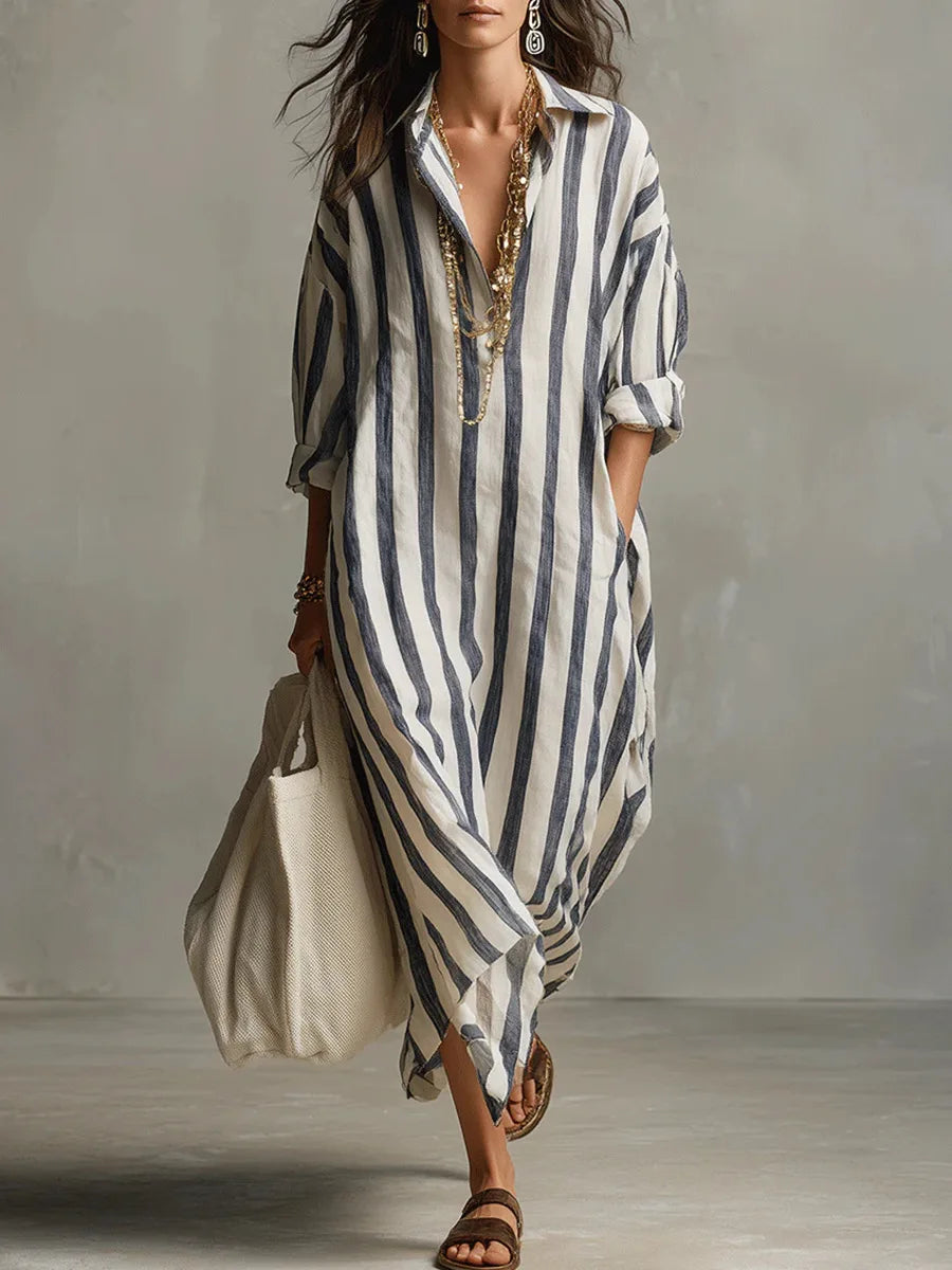 Women's Striped Linen Blend Collared V-Neck Maxi Shirt Dress