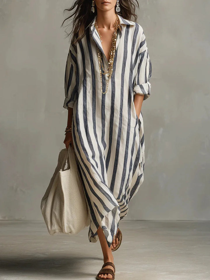 Women's Striped Linen Blend Collared V-Neck Maxi Shirt Dress