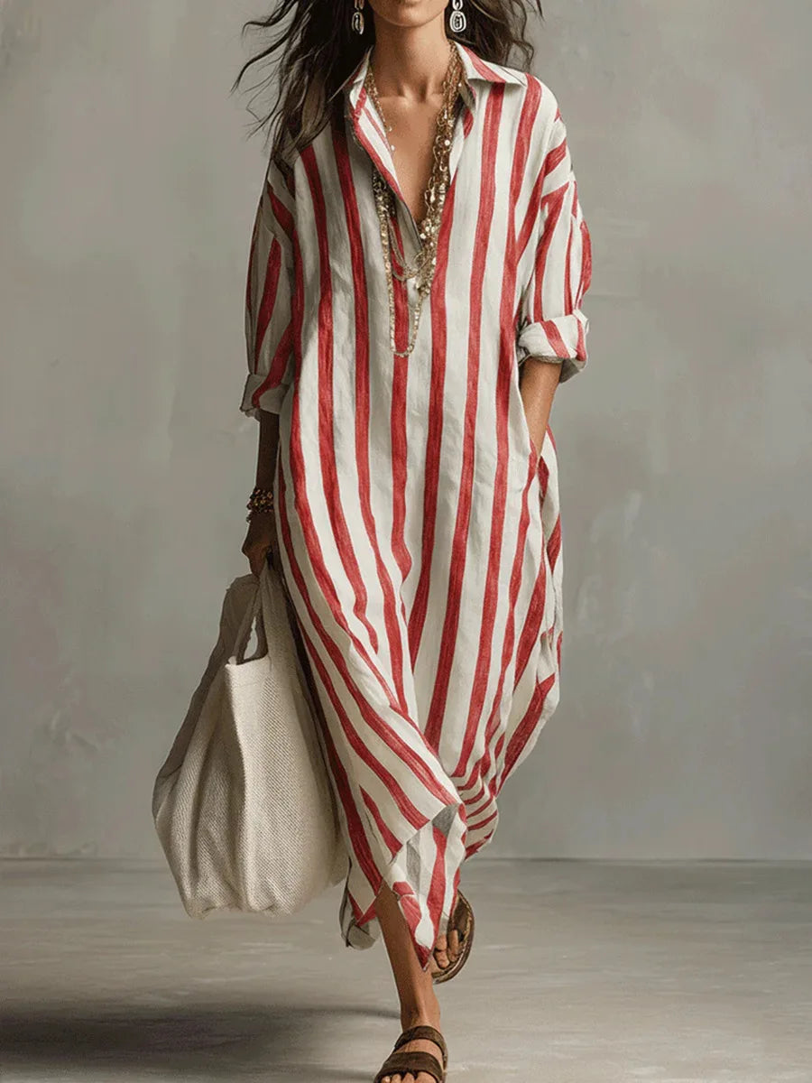 Women's Striped Linen Shirt Dress Loose Fit Long Sleeve