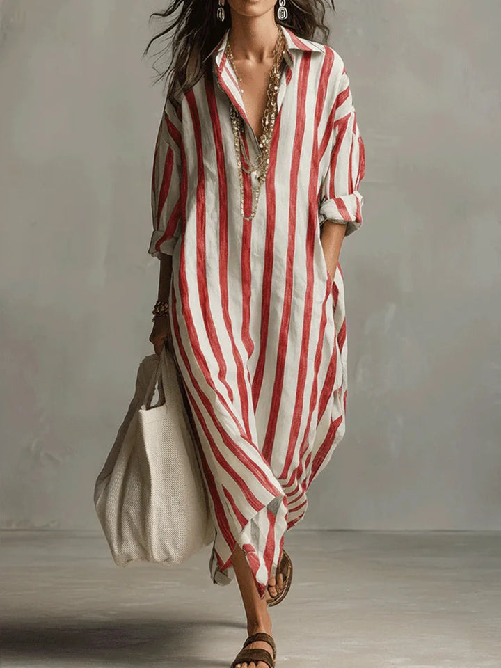 Women's Striped Linen Blend Collared V-Neck Maxi Shirt Dress