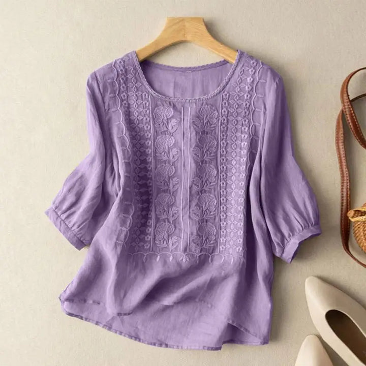Women's Embroidered Linen Blouse Relaxed Fit Round Neck