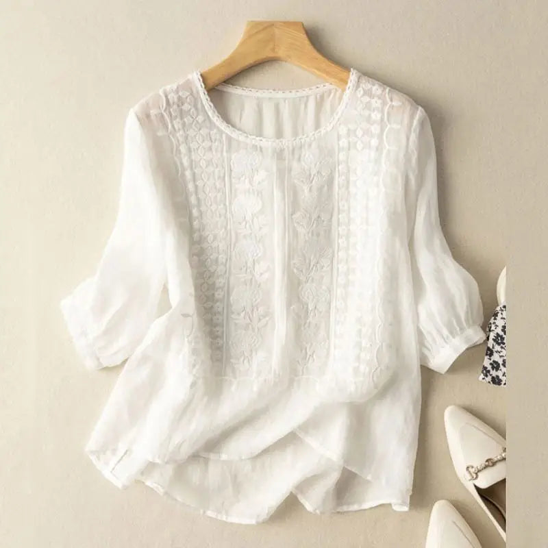 Women's Embroidered Linen Blouse Relaxed Fit Round Neck