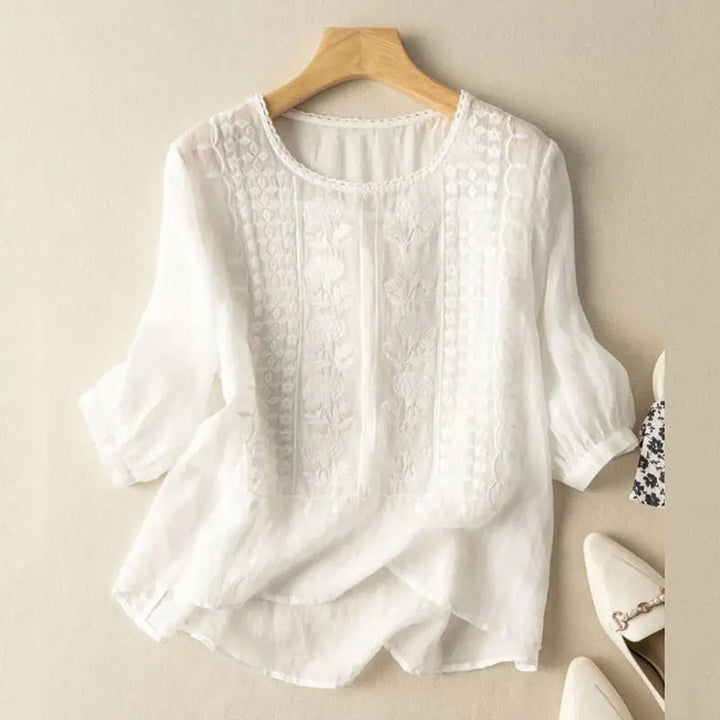 Women's Embroidered Linen Blouse Relaxed Fit Round Neck
