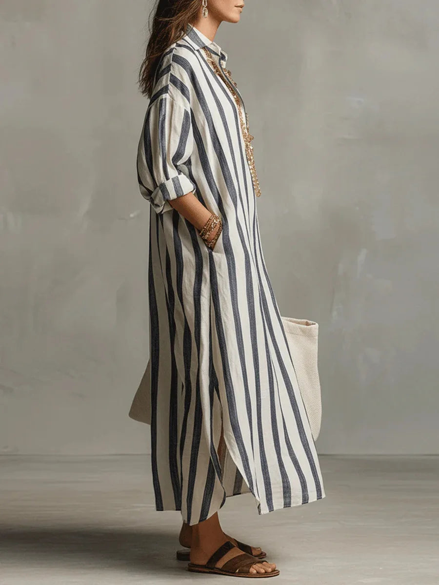 Women's Striped Linen Blend Collared V-Neck Maxi Shirt Dress
