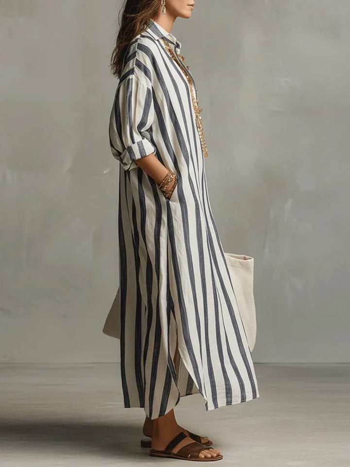 Women's Striped Linen Blend Collared V-Neck Maxi Shirt Dress