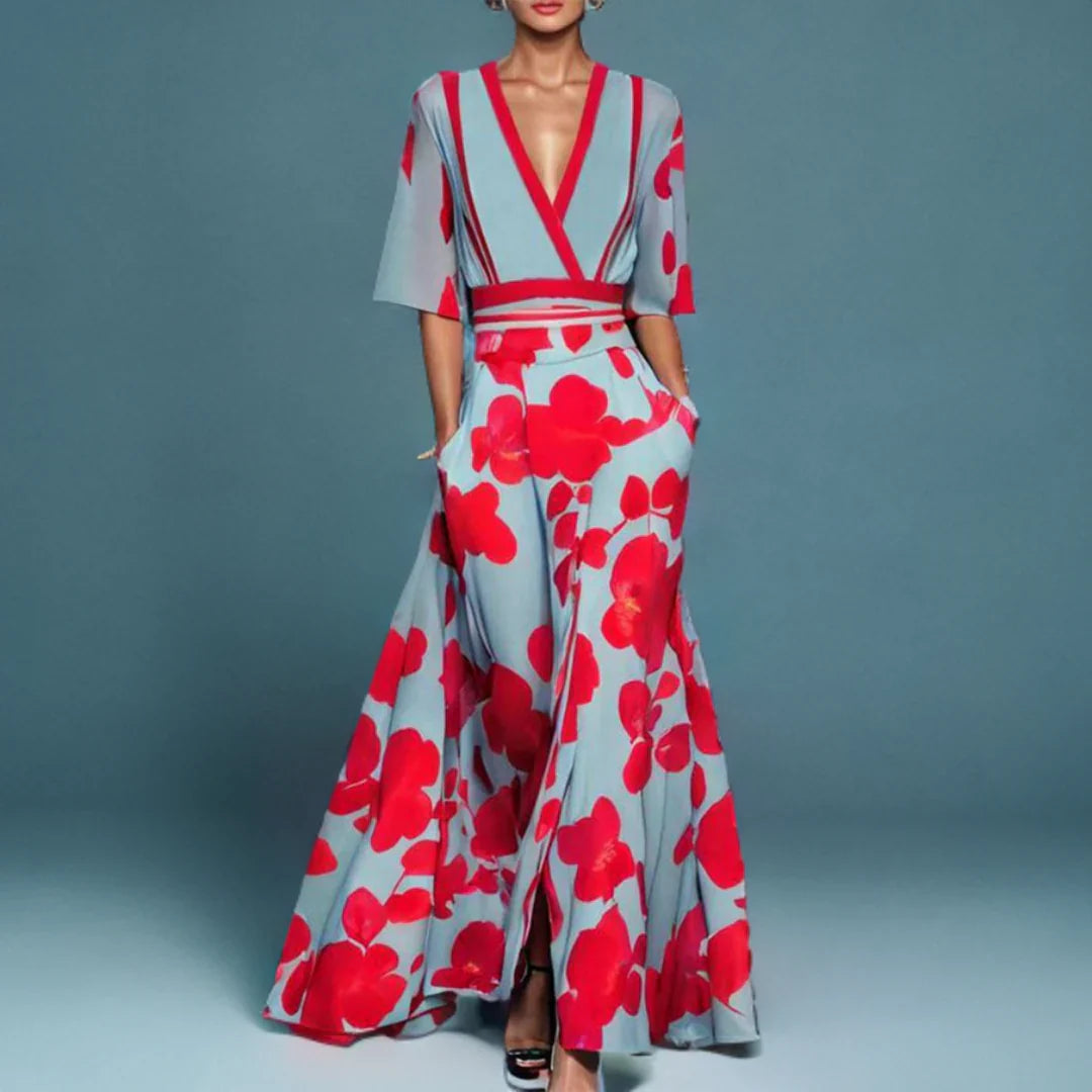 Women's Floral Print Wrap V-Neck Kimono Sleeve Maxi Dress