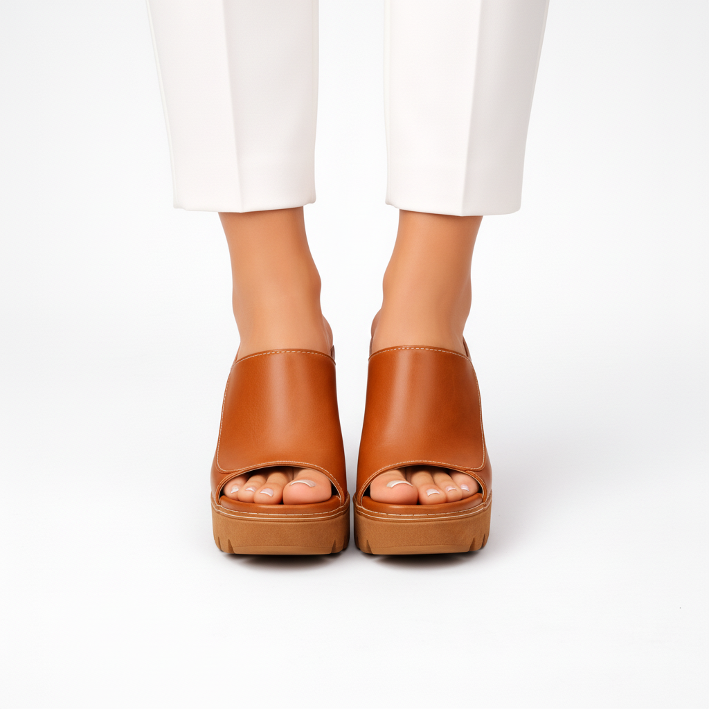 Women's Leather Platform Block Heel Open Toe Mules