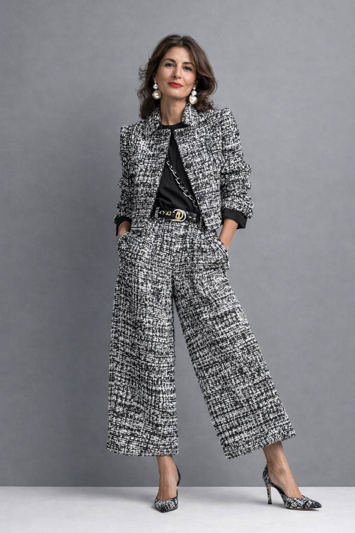 Women's Tweed Cropped Jacket and Wide-Leg Trousers Suit Set