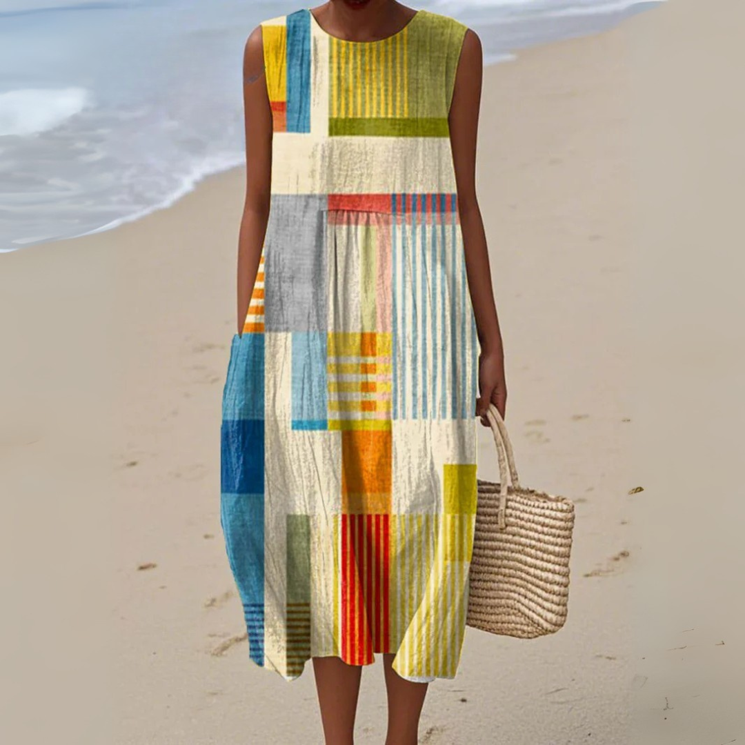Women's Geometric Colour Block Print Sleeveless Midi Dress