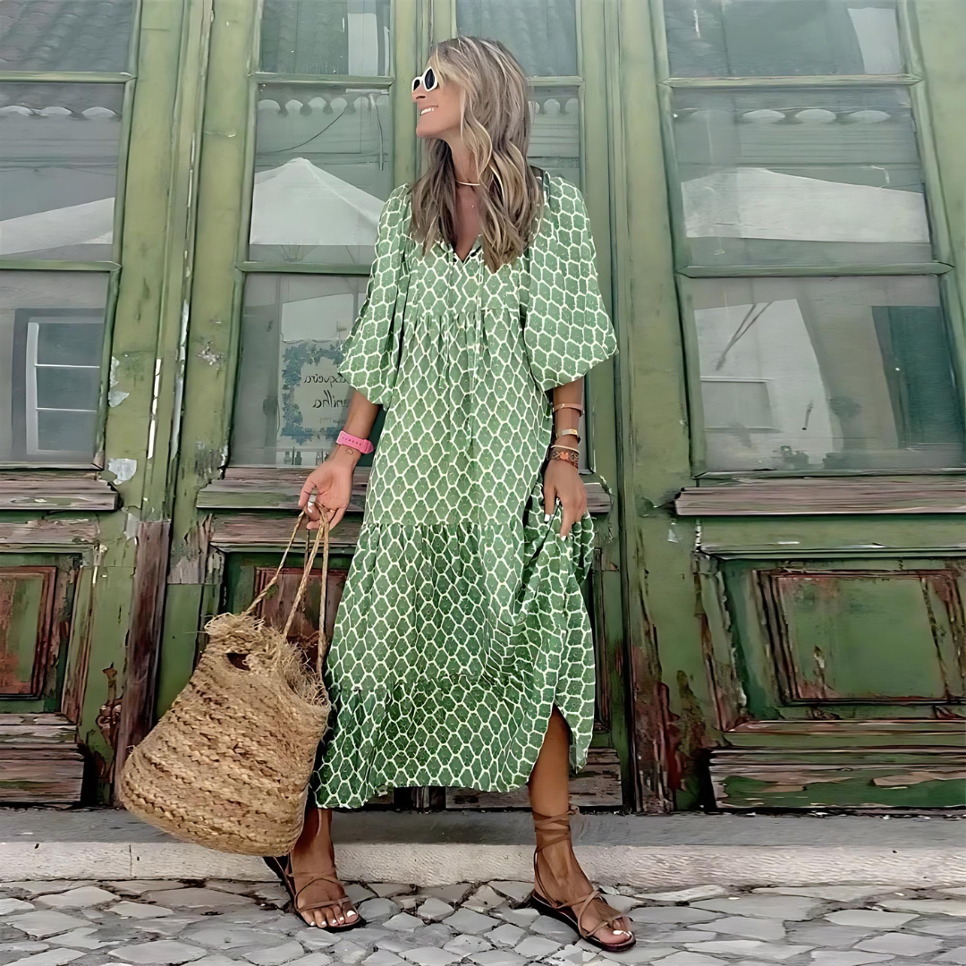 Women's Geometric Print V-Neck Batwing Sleeve Tiered Maxi Dress