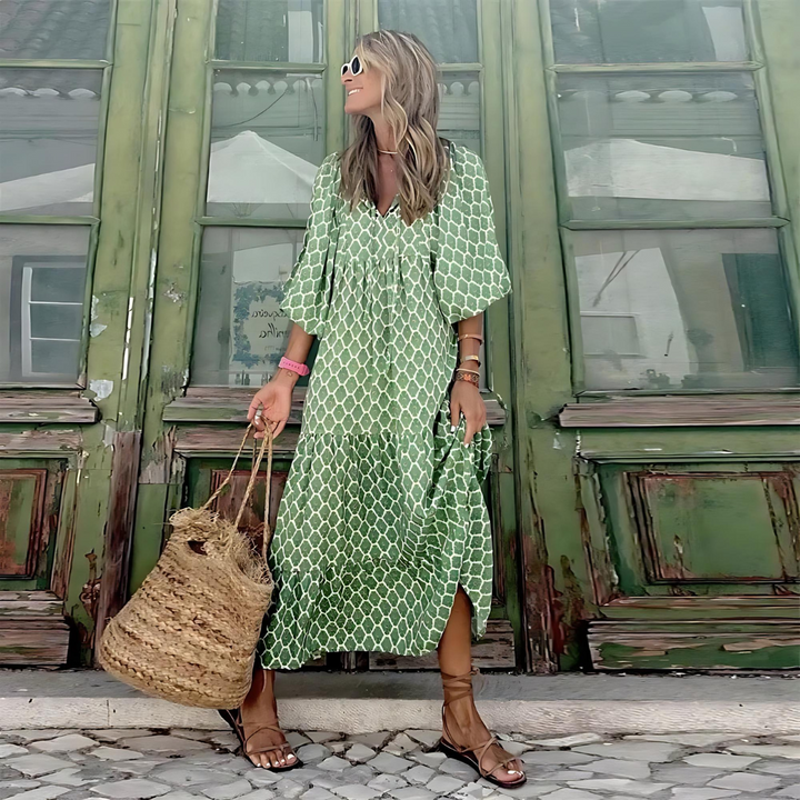 Women's Geometric Print V-Neck Batwing Sleeve Tiered Maxi Dress