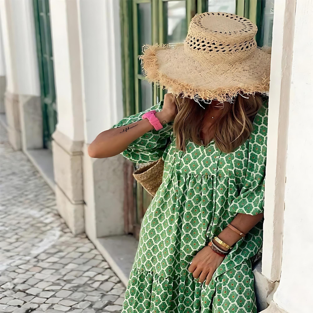 Women's Geometric Print V-Neck Batwing Sleeve Tiered Maxi Dress