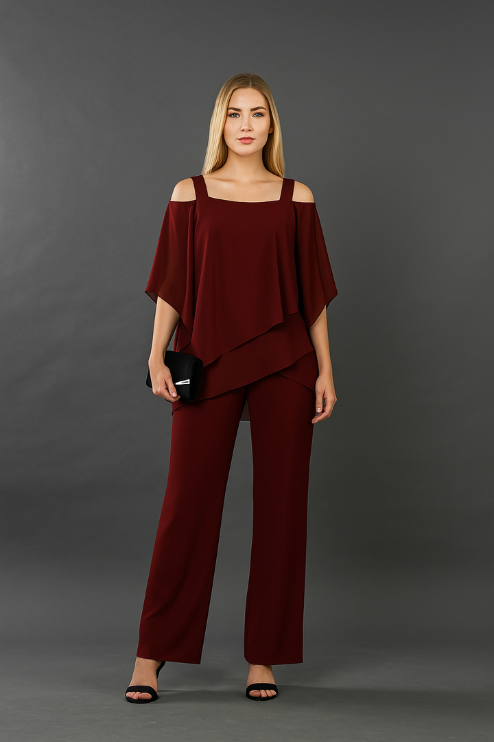 Women's Two-Piece Chiffon Layered Top and Wide-Leg Trousers Set