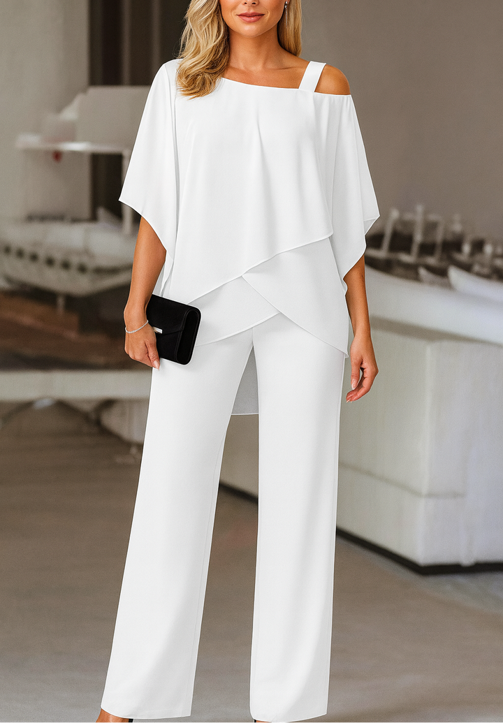 Women's Two-Piece Chiffon Layered Top and Wide-Leg Trousers Set