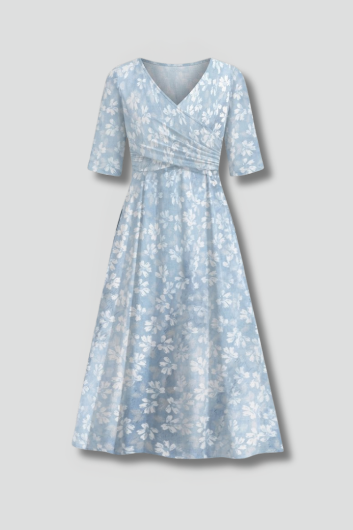 Women's Floral Print Wrap V-Neck Three-Quarter Sleeve Midi Dress