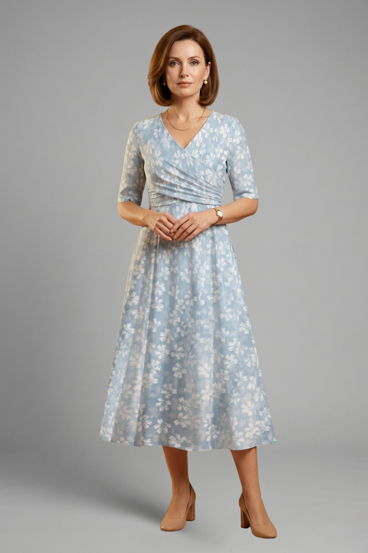 Women's Floral Print Wrap V-Neck Three-Quarter Sleeve Midi Dress