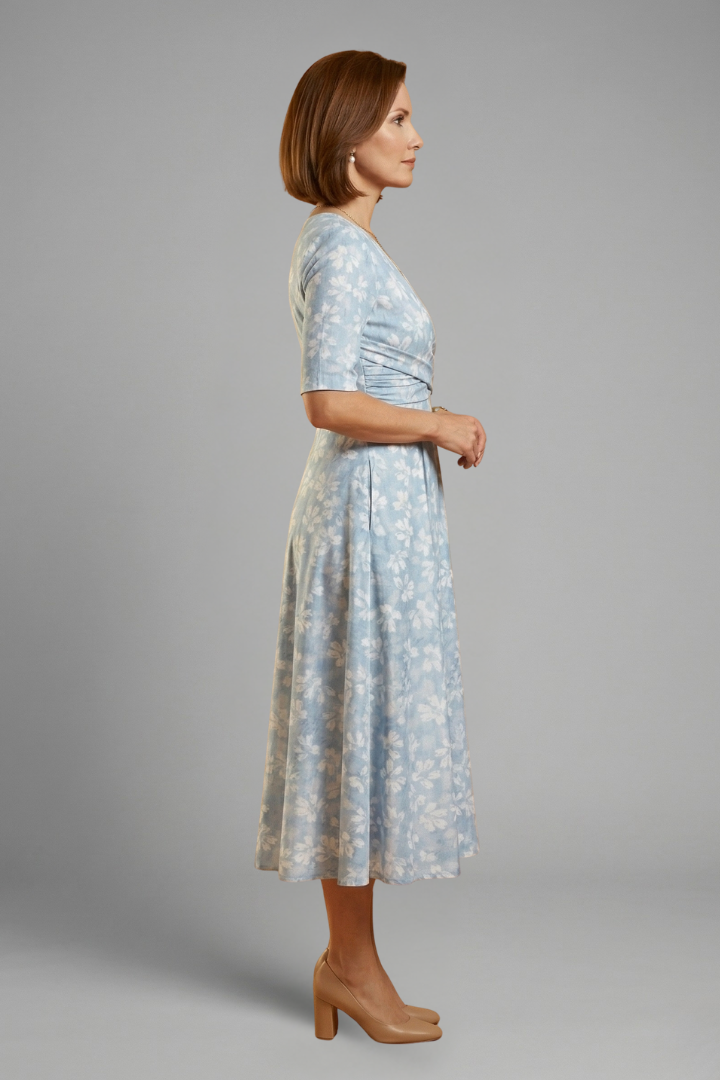 Women's Floral Print Wrap V-Neck Three-Quarter Sleeve Midi Dress