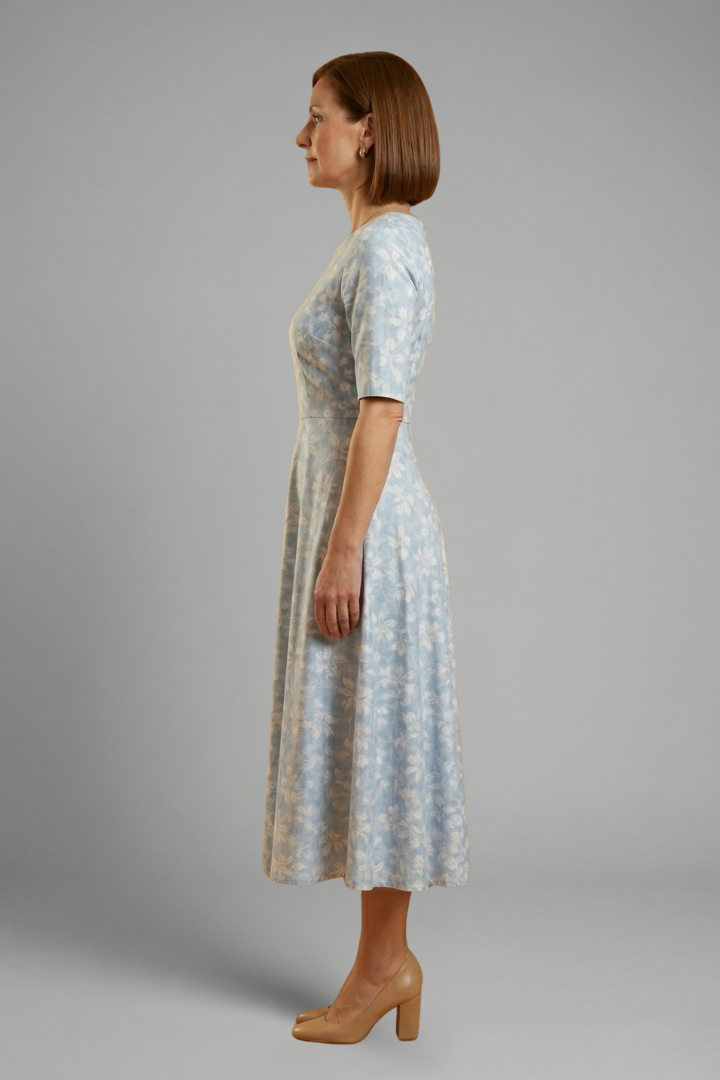 Women's Floral Print Wrap V-Neck Three-Quarter Sleeve Midi Dress