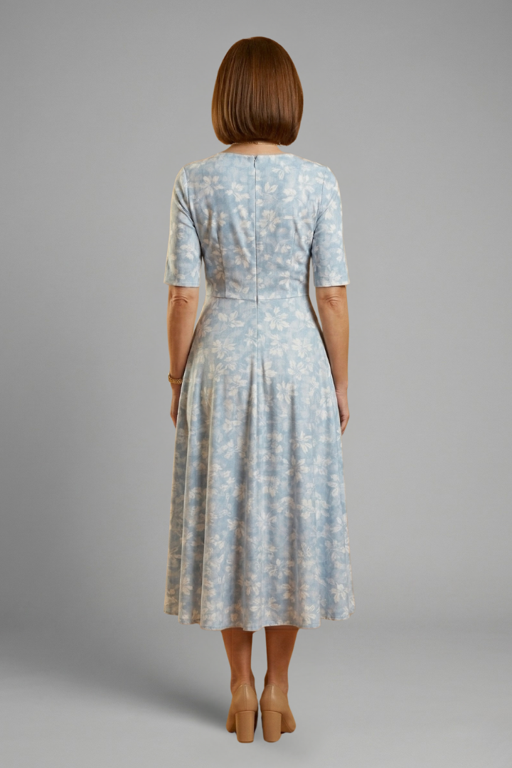 Women's Floral Print Wrap V-Neck Three-Quarter Sleeve Midi Dress