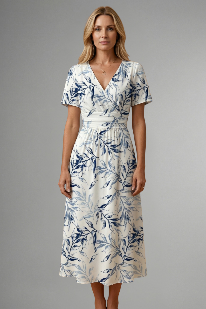 Women’s Midi Dress with V Neckline and Floral Print