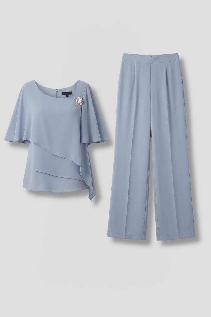 Women's Top and Trousers Set with Layered Top and Straight Legs