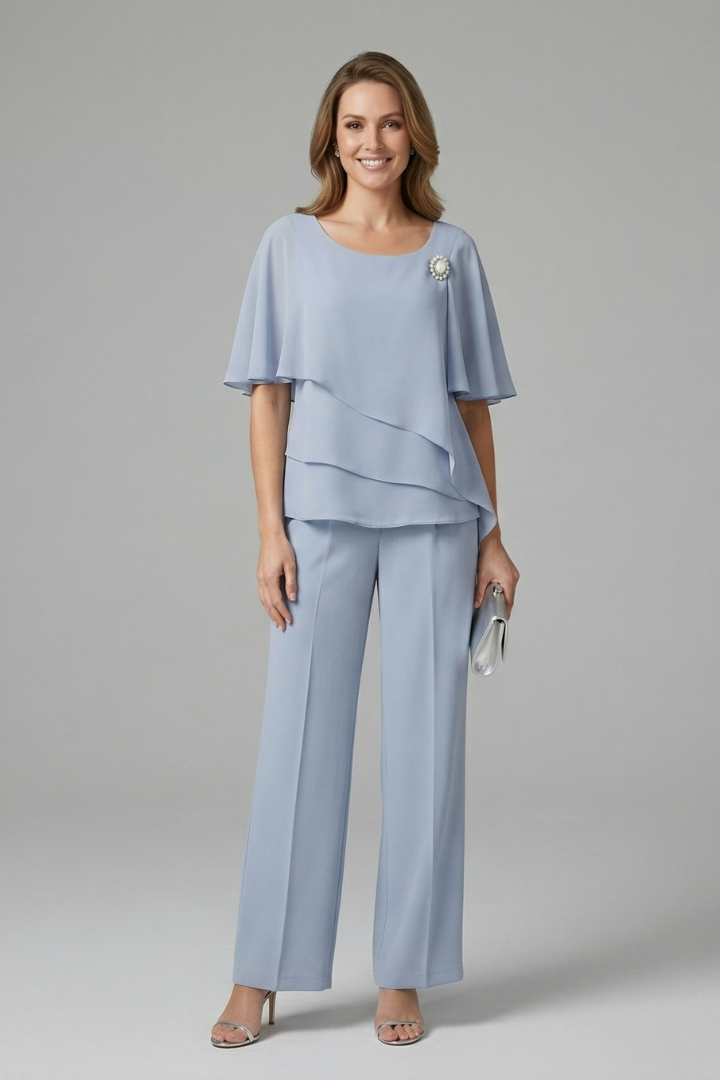 Women's Top and Trousers Set with Layered Top and Straight Legs