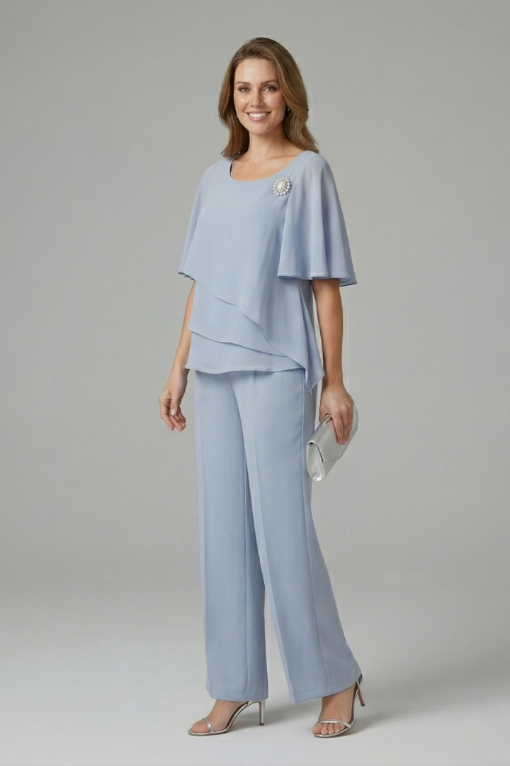 Women's Top and Trousers Set with Layered Top and Straight Legs