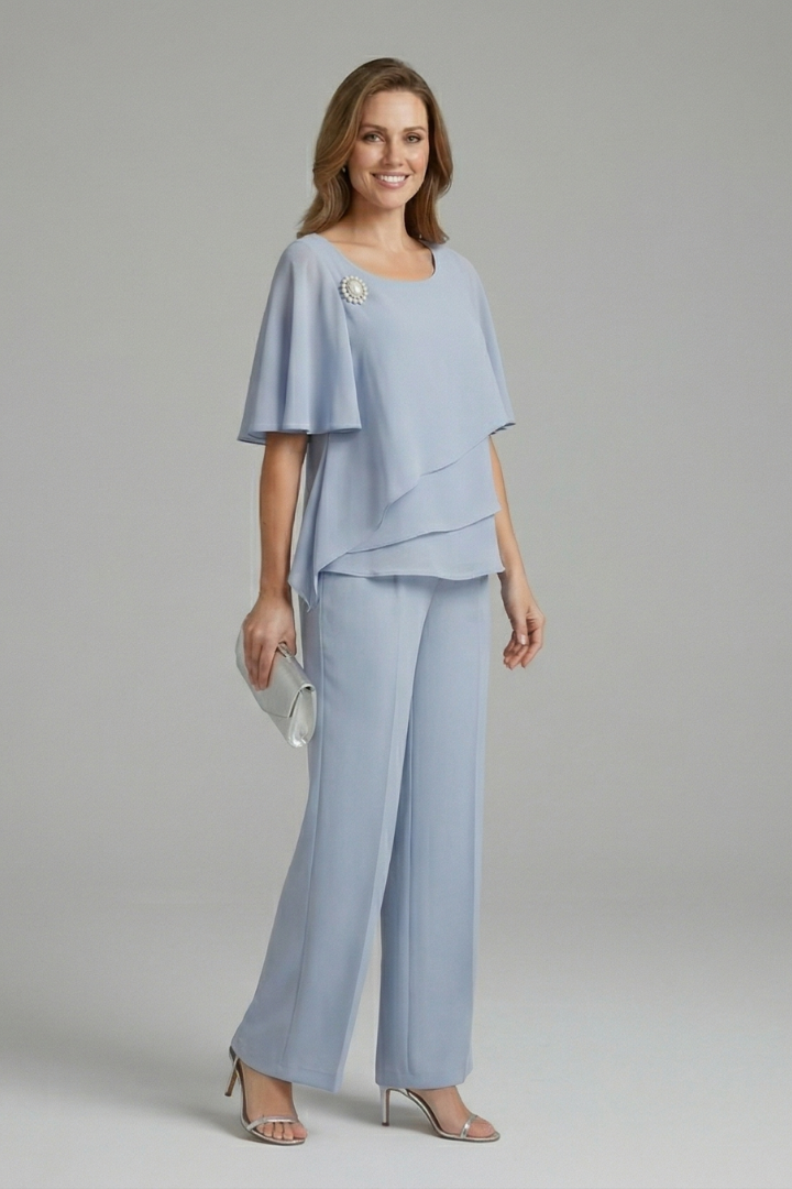 Women's Top and Trousers Set with Layered Top and Straight Legs