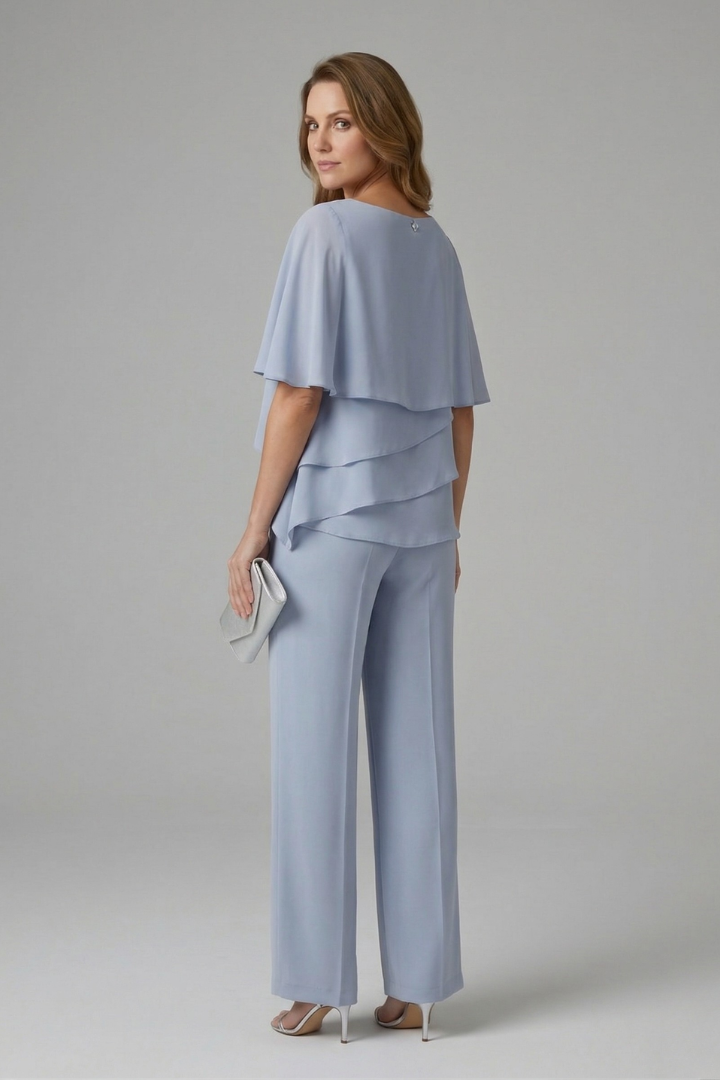 Women's Top and Trousers Set with Layered Top and Straight Legs