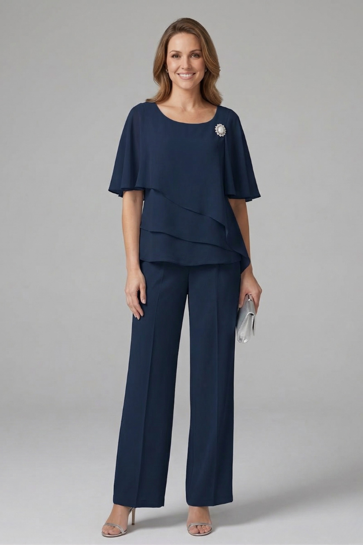 Women's Top and Trousers Set with Layered Top and Straight Legs