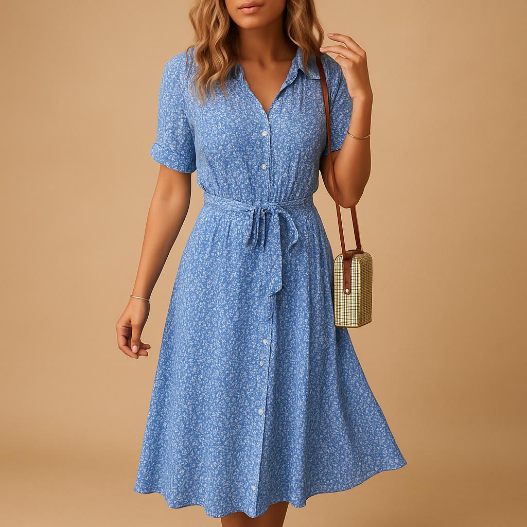Women's Ditsy Floral Print Shirt Collar Belted Button Midi Dress