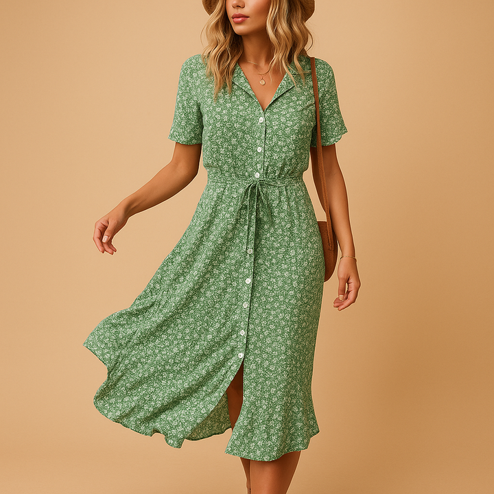 Women's Ditsy Floral Print Shirt Collar Belted Button Midi Dress