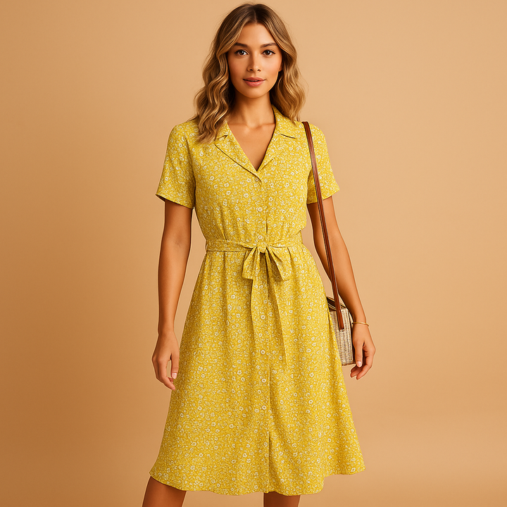 Women's Ditsy Floral Print Shirt Collar Belted Button Midi Dress