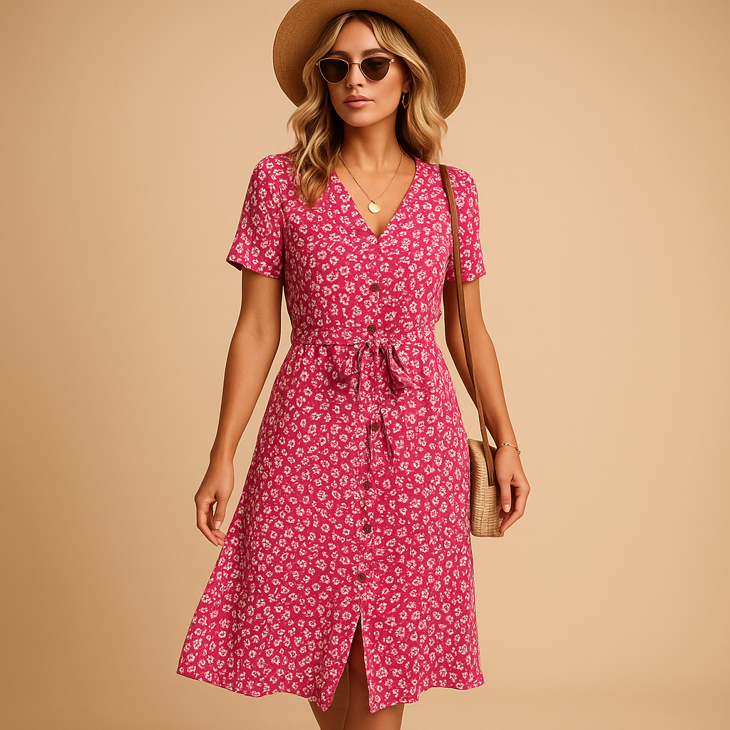 Women's Ditsy Floral Print Shirt Collar Belted Button Midi Dress