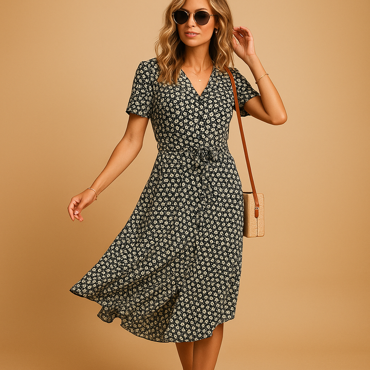 Women's Ditsy Floral Print Shirt Collar Belted Button Midi Dress