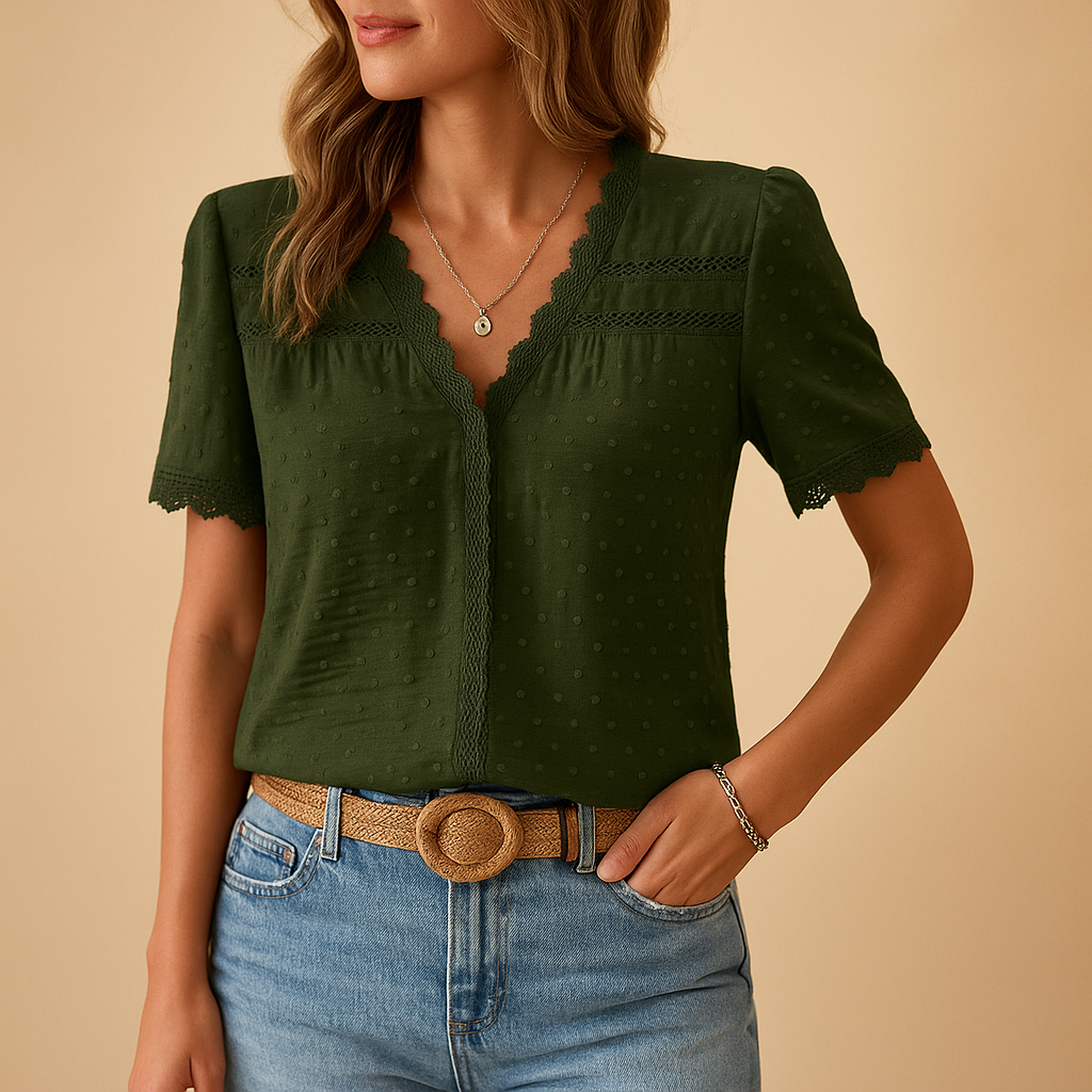 Women's Swiss Dot Lace Trim V-Neck Short Sleeve Blouse