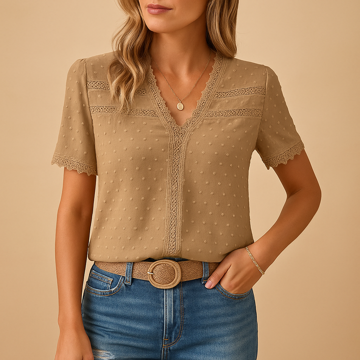 Women's Swiss Dot Lace Trim V-Neck Short Sleeve Blouse