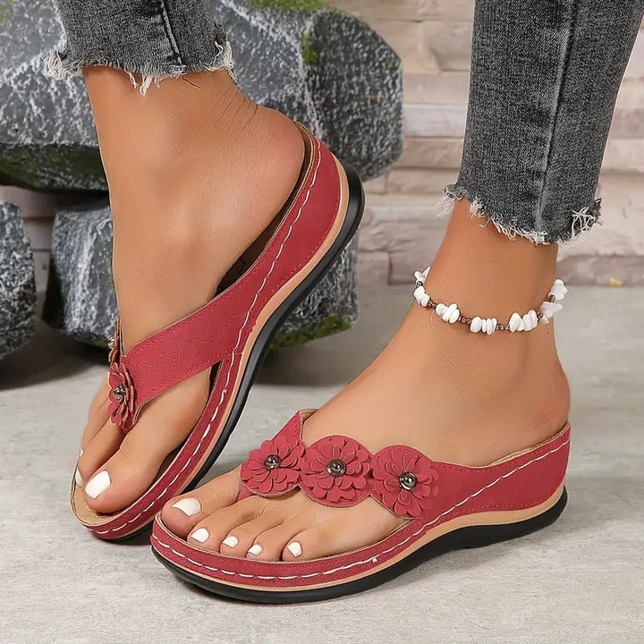 Women's Orthopaedic Wedge Flip Flop Sandals Flower Detail