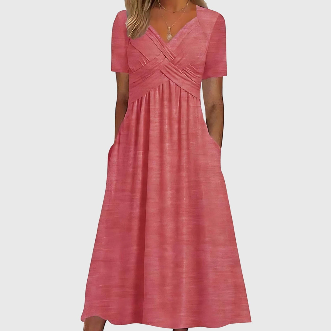 Women's V-Neck Crossover Ruched Tummy Control Midi Dress