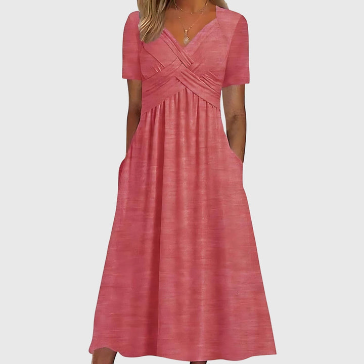 Women's V-Neck Crossover Ruched Tummy Control Midi Dress
