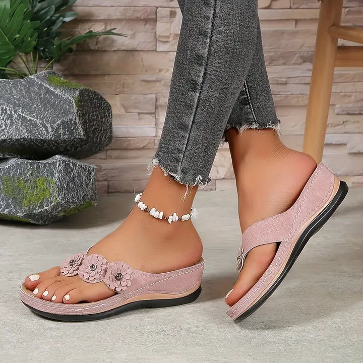 Women's Orthopaedic Wedge Flip Flop Sandals Flower Detail