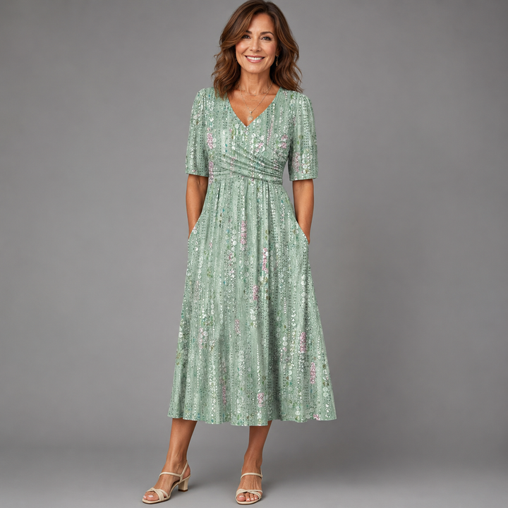 Women's Floral Print V-Neck Wrap Summer Midi Dress with Pockets