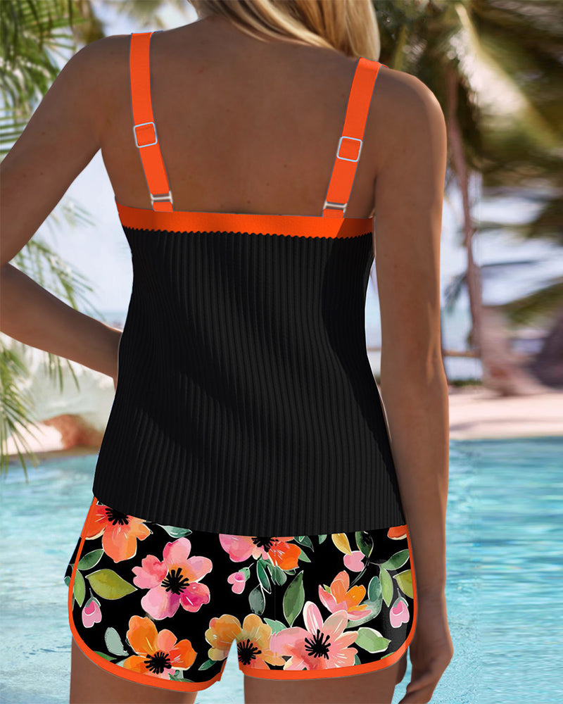 Women's Two-Piece Tankini Set Tummy Control Floral Shorts