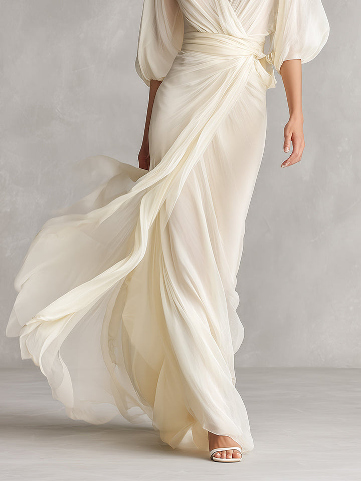 Women's Ivory Sheer Chiffon Dress With Puff Sleeves & Wrap Detail, Timeless Romantic-Luxe Style Dress