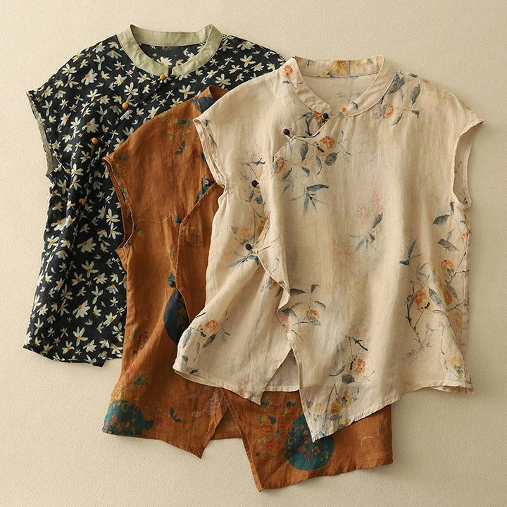 Women's Floral Print Sleeveless Top with Mandarin Collar