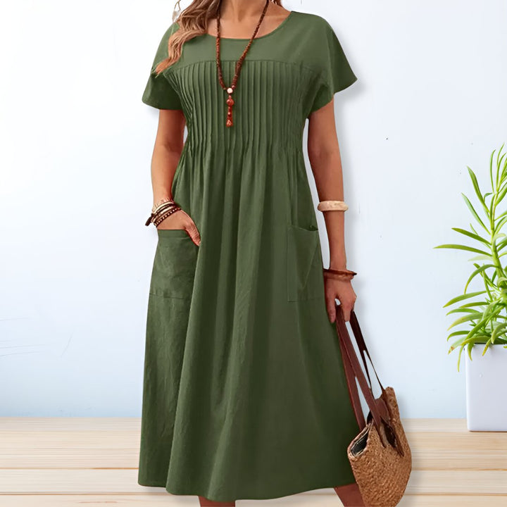Women's Relaxed Pintuck Bodice Short Sleeve Round Neck Maxi Dress