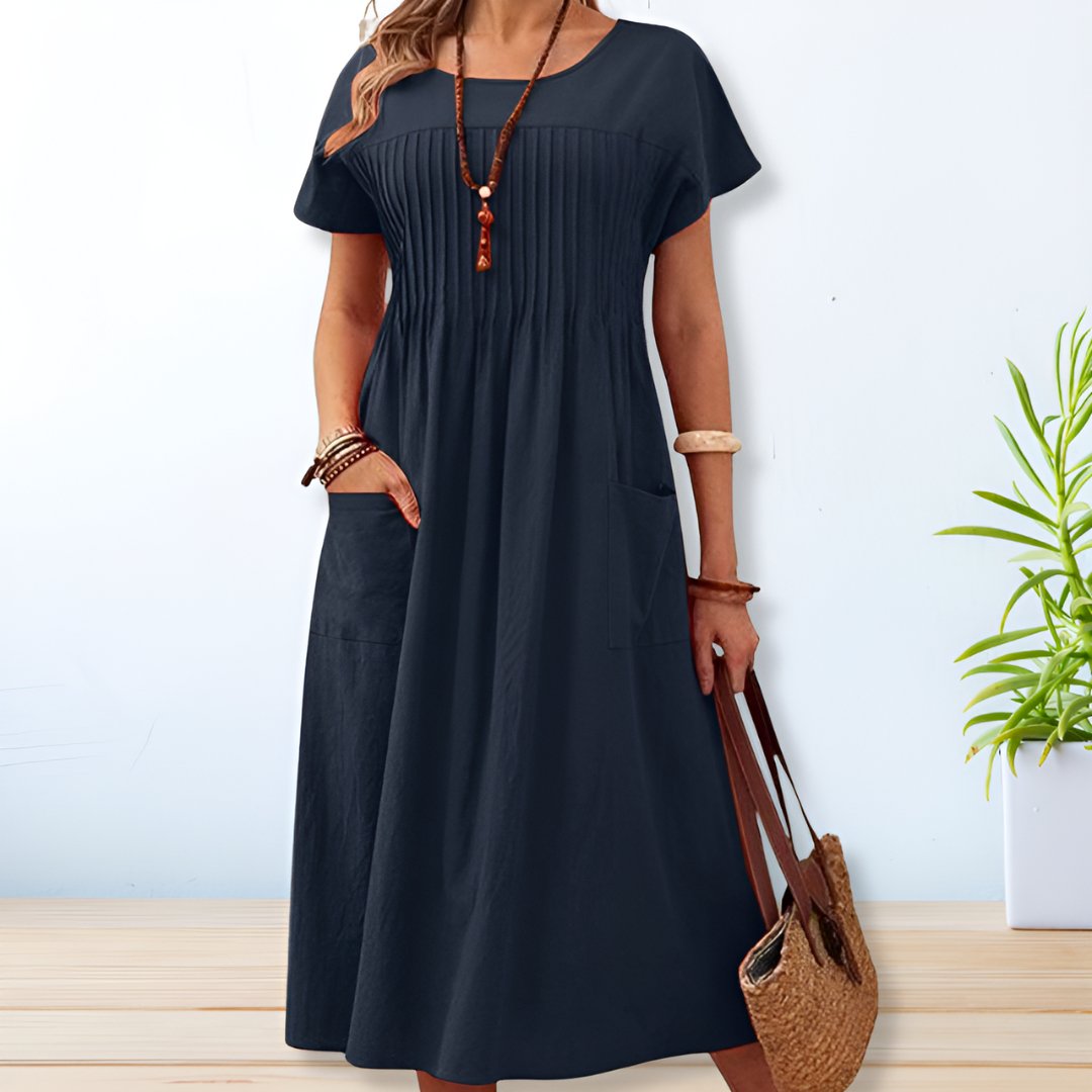 Women's Relaxed Pintuck Bodice Short Sleeve Round Neck Maxi Dress