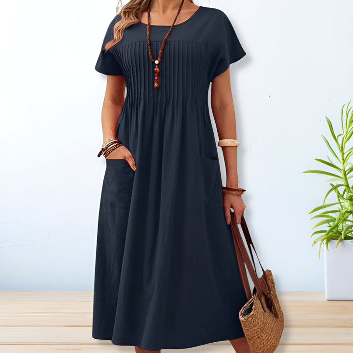 Women's Relaxed Pintuck Bodice Short Sleeve Round Neck Maxi Dress