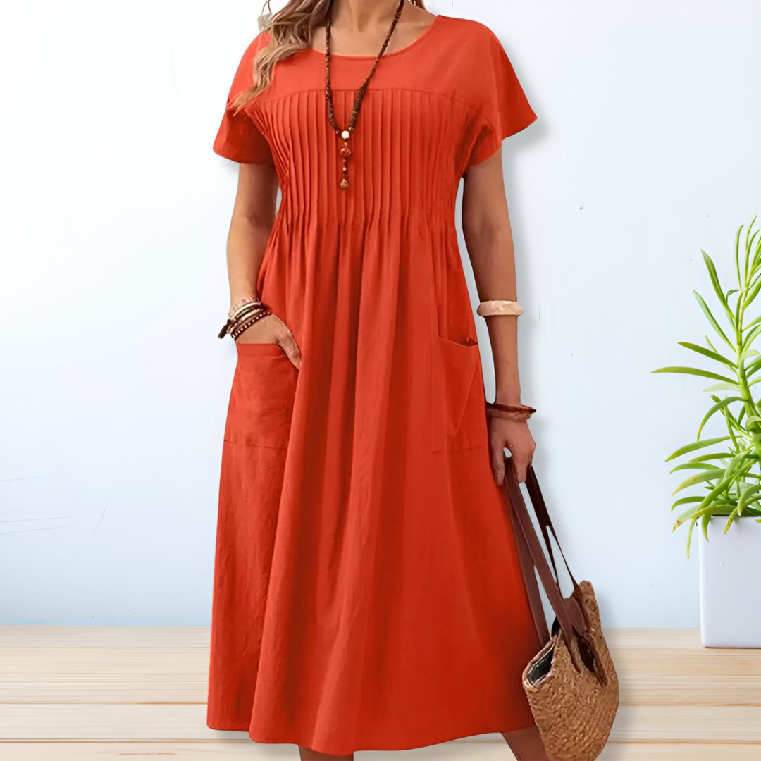 Women's Relaxed Pintuck Bodice Short Sleeve Round Neck Maxi Dress