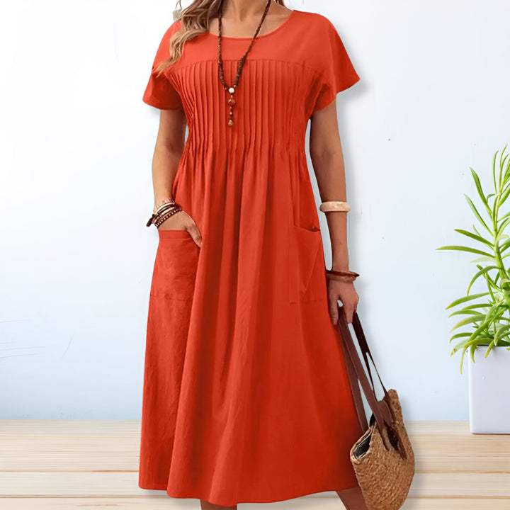 Women's Relaxed Pintuck Bodice Short Sleeve Round Neck Maxi Dress